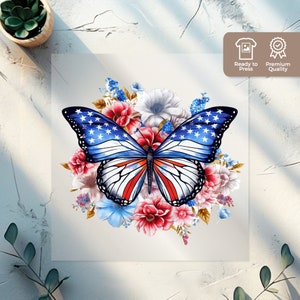 Butterfly DTF Transfer, Butterfly American Flag Design for Apparel T Shirts, Perfect Custom Tees, Ready to Press DTF Patriotic 4 July