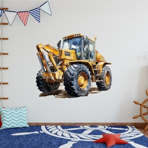May include: A yellow and black watercolor illustration of a front-end loader. The construction vehicle has large tires and a detailed design. The image is a wall decal, suitable for a child's room.