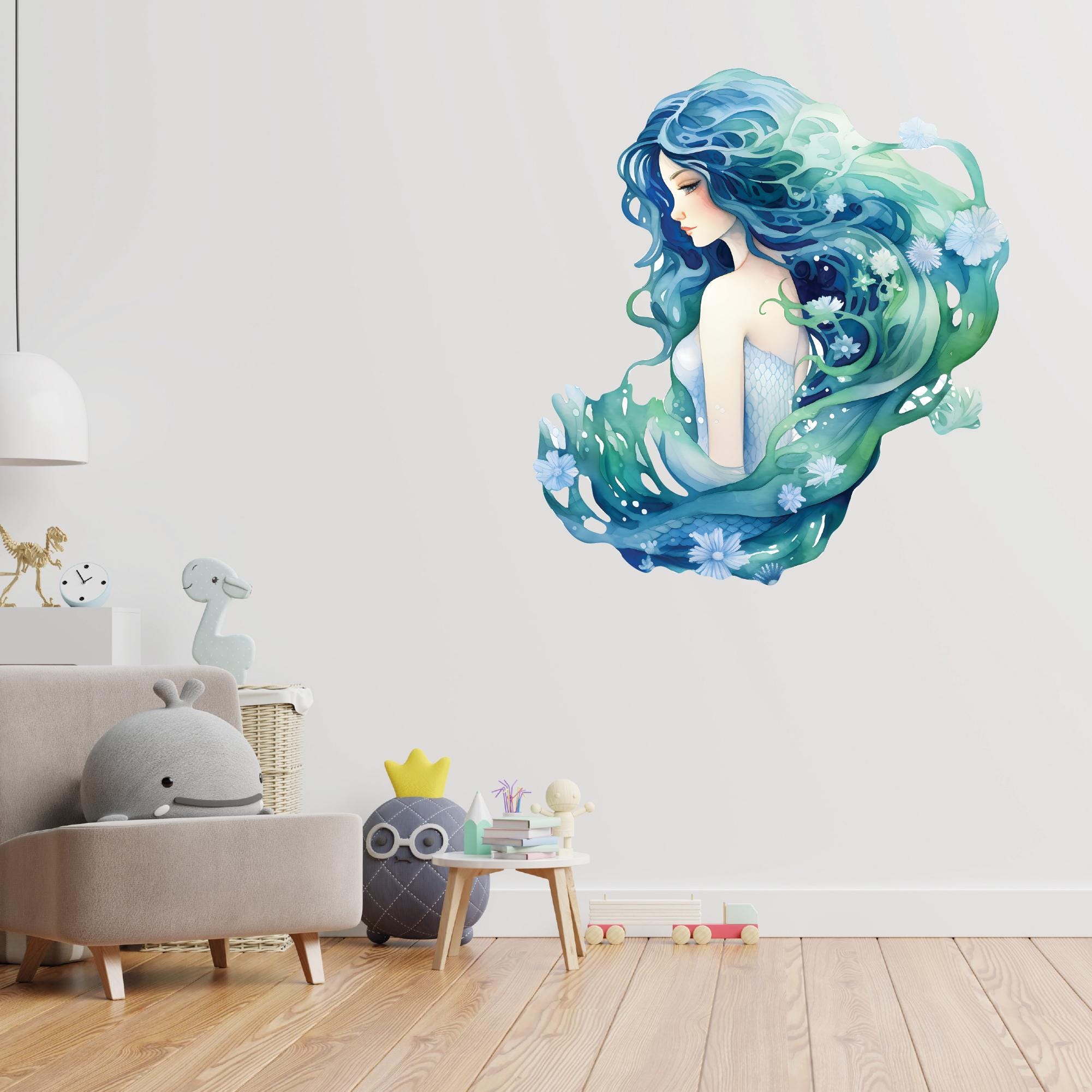 Watercolor Mermaid Wall Art Decal Beach House Wall Decor Bathroom Decor ...
