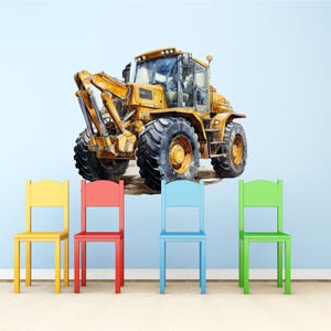 May include: A large, yellow construction vehicle with black tires is depicted against a light blue background. Below the vehicle are four colorful chairs: yellow, red, blue, and green. The image has a watercolor style.