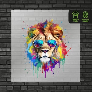 Lion DTF Transfer - Watercolor Sunglasses Colorful Lion Heat Transfer for Apparel T Shirts - Ready to Press Custom DTF Transfers Prints