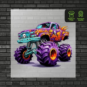 Flames Monster Truck DTF Transfer - Cool Purple Truck Design - Ready-to-Press Graphic for Kids T Shirts Apparel - Custom DTF Transfers