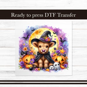 Highland Cow Witch DTF Transfer, Halloween Iron on Transfers Design, Moon Ready to Press Graphic, Pumpkin DTF for T-Shirts Apparel Gift DIY