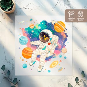 Retro Space DTF Transfer, Astronaut Ready-to-Press Design for Kids Apparel, Nebula Iron on Transfers DTF for T Shirt Sublimation Baby Gift