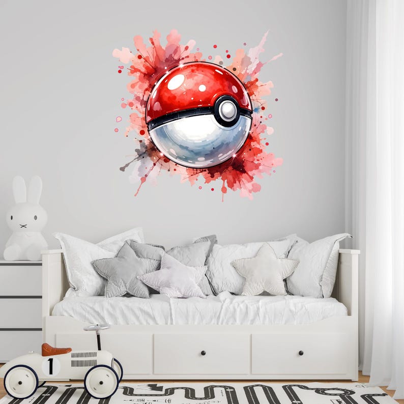 Pokeball Wall Sticker Watercolor Pokemon Art Decal Kids Room Decor image 4