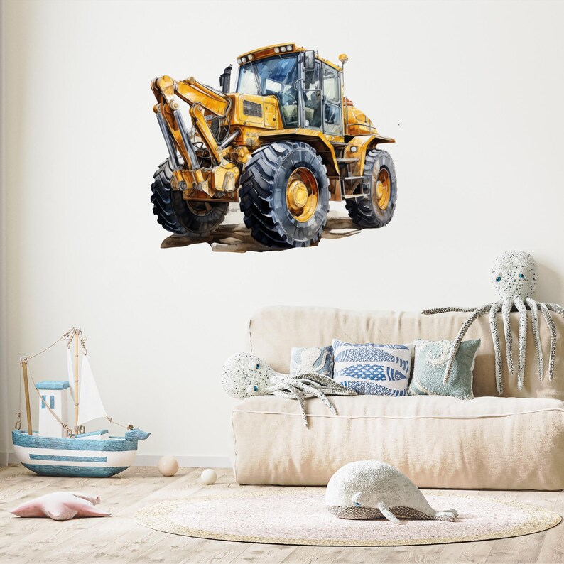 May include: Watercolor illustration of a yellow construction backhoe loader with large black tires. The heavy equipment is depicted on a white background, suitable for children's room decor. The image is a wall decal.