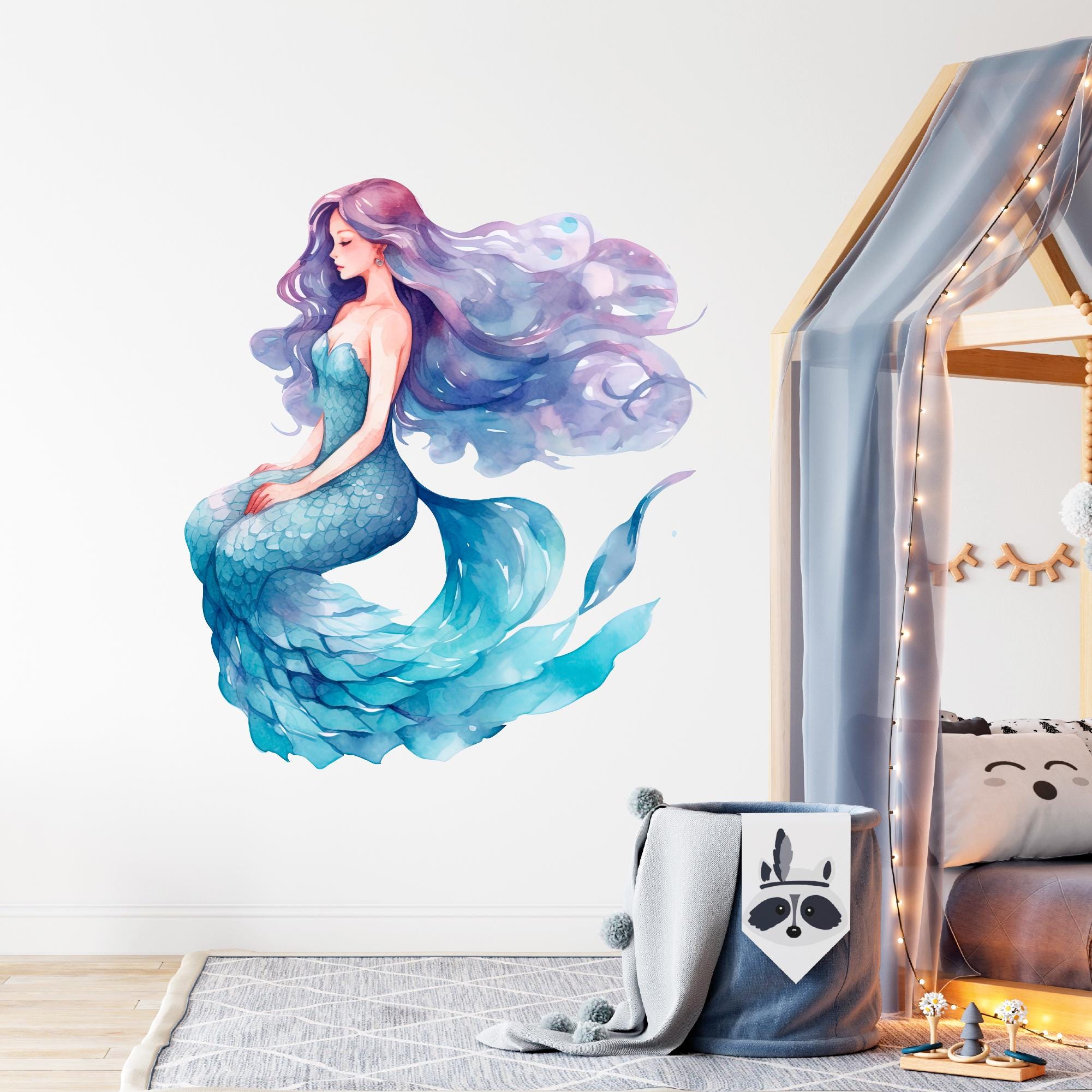 Mermaid Wall Decal Cute Watercolor Wall Decals Nursery Girls Bedroom ...