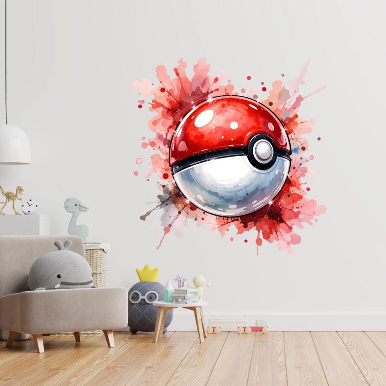 Pokeball Wall Sticker Watercolor Pokemon Art Decal Kids Room Decor image 3