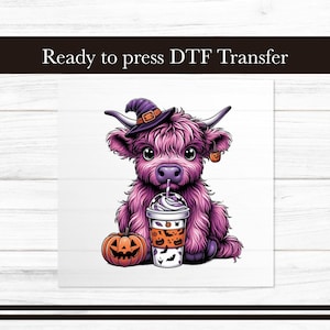 Halloween Highland Cow DTF Transfer, Cute Witch Iron on Transfers Design, Spooky Ready to Press Graphic Apparel, DTF for T-Shirts Gift DIY