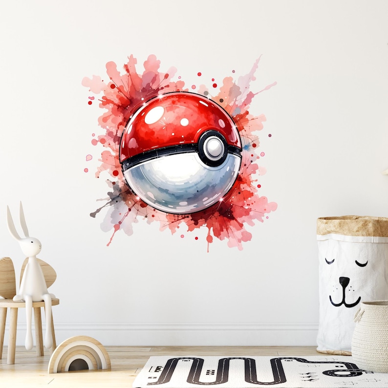 Pokeball Wall Sticker Watercolor Pokemon Art Decal Kids Room Decor image 1