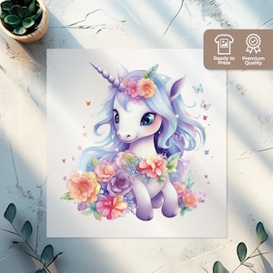 Flower Unicorn DTF Transfer, Watercolor Ready-to-Press Design for Kids Apparel, Iron on Transfers DTF for T Shirts Heat Sublimation
