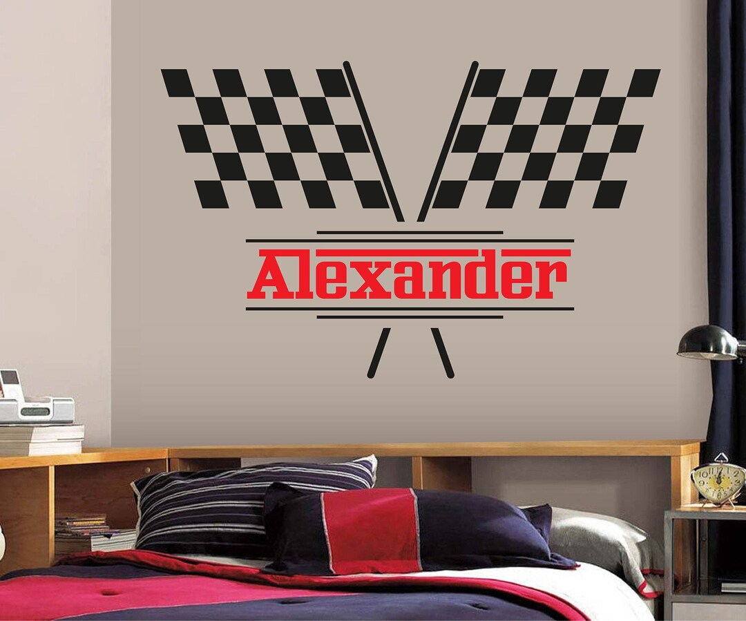 Personalized Name Wall Decal Racing Flags Wall Decal Boys Kids Bedroom ...