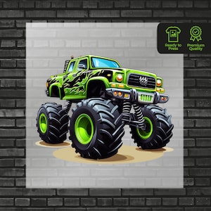 Green Monster Truck DTF Transfer - Cool Truck Design for Kids T Shirts Apparel - Ready-to-Press Monster Truck Print DTF Transfers