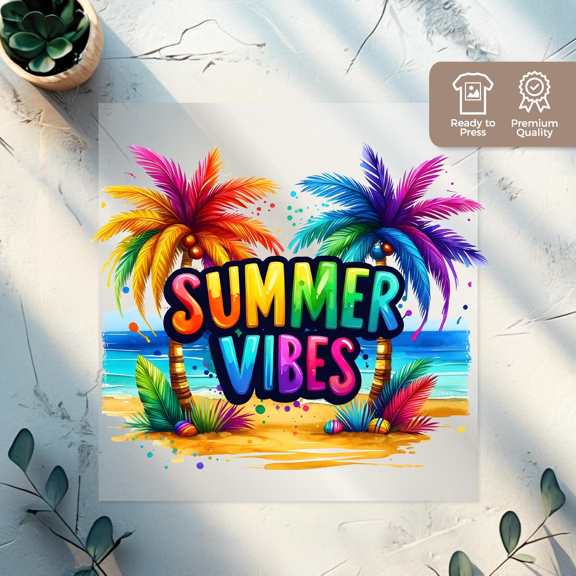 Summer Vibes DTF Transfer, Palm Trees Iron on Transfers Design, Ready-to-Press Graphic for Kids Apparel, Beach DTF for T-Shirts
