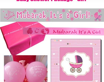 Mubarak it's a Girl! A 5 item package consists of a banner, balloons, a card, and 2 gift wrap ribbons