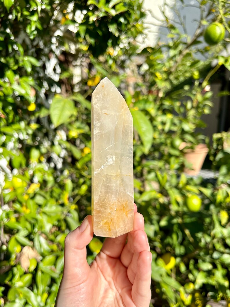 Puede incluir: Una punta de cristal transparente y facetada con un tono amarillo dorado. El cristal se sostiene en una mano contra un fondo borroso de follaje verde.