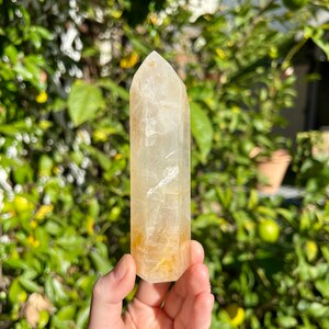 Puede incluir: Una punta de cristal de cuarzo transparente con un tono amarillo-marr&oacute;n. El cristal es puntiagudo en la parte superior y tiene una base plana. Se est&aacute; sosteniendo en una mano contra un fondo borroso de follaje verde.