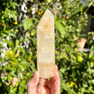 Puede incluir: Una punta de cristal transparente de color amarillo claro con una punta puntiaguda. El cristal es liso y pulido, con una apariencia transl&uacute;cida.