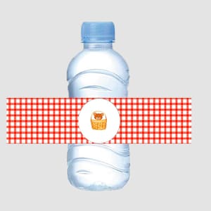 Etiquetas para botellas de agua con diseño de osito de peluche para picnic: etiquetas imprimibles y editables para picnics, cumpleaños y fiestas de cuadros vichy. Canva, descarga instantánea.