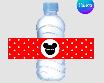 Etichette per bottiglie d'acqua di Topolino, stampabili e modificabili per compleanni o baby shower, modello Canva