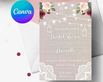 Lace Bridal Shower Invitation | Burlap Bridal Shower Invitation | Bridal Shower Printable | 5x7 Editable Canva Template