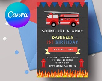 Fireman Invitations Printable | Fire Truck Birthday Party | Firefighter DIGITAL | 5x7 Editable Canva Template