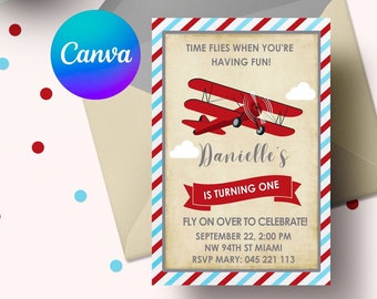Airplane Birthday Invitation Printable, Oh My Time Flies, Red Airplane First Birthday Travel 1st, 5x7 Editable Canva Template