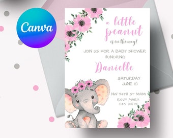 Elephant Baby Shower Invitation Printable, Pink Floral Elephant Baby Girl Invite, Peanut theme | 5x7 Editable Canva Template