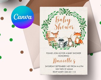 Woodland Baby Shower Invitation Printable | Woodland Birthday Party | Wild one theme | Gender Neutral Greenery | 5x7 Editable Canva Template