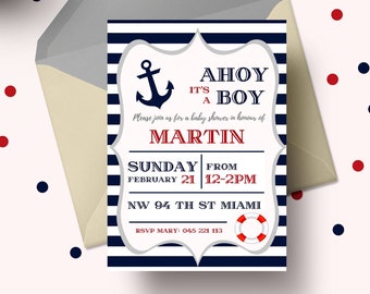 Ahoy it's a boy Baby Shower Editable Invitation, Navy Red Nautical Theme Download,  Digital Invite Printable, 5x7 Canva Template