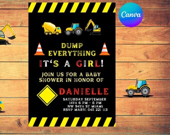 Editable Construction Baby Shower Invitation | Construction Party  | Dump Truck |  5x7 Editable Canva Template