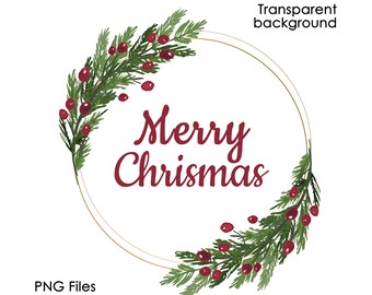 Christmas circle frame PNG, Christmas wreath digital file, Wreath clipart, Christmas photo overlay, Red & Green Xmas, Christmas Flowers