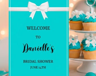 Letrero de bienvenida para novias y amigos, decoración para baby shower y despedida de soltera, temática turquesa, imprimible en Canva, digital.