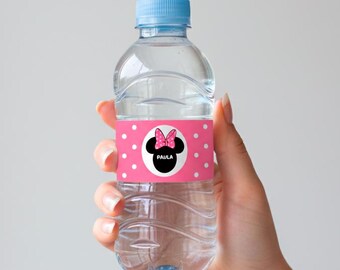 Minnie Mouse Water Bottle Labels, Baby Shower Bottle Wrappers, Printable Minnie Mouse Labels, Minnie Birthday Party Decor Editable, Canva