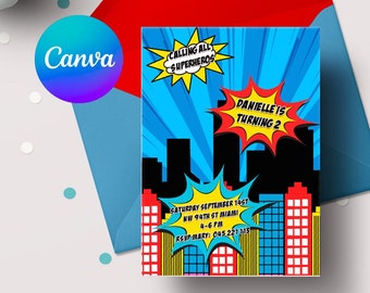 Superhero Invitations Printable | Superhero Birthday Party | Superhero comic | Superhero DIGITAL | 5x7 Editable Canva Template