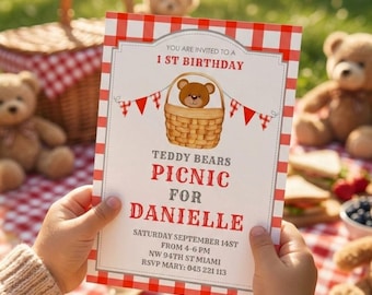 Teddy Bear Picnic Birthday Invitation | Gingham Party Bear Invite | Digital Canva Editable Template