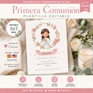 Invitación Primera Comunión Niña, Editable en Canva, Español e Inglés, Floral Rosa, Recordatorio, First Holy Communion, Castaña - Morena