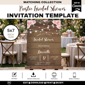 May include: A 5x7 inch bridal shower invitation template featuring a rustic wood plank background, pink roses, and string lights. The text includes "Bridal Shower," "Danielle," "Saturday 4:00 PM," "12 September 2021," and address details.