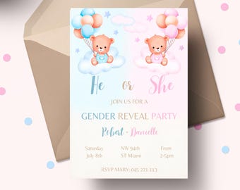 Teddy Bear Gender Reveal Invitation: He or She Party (Editable Canva Template)