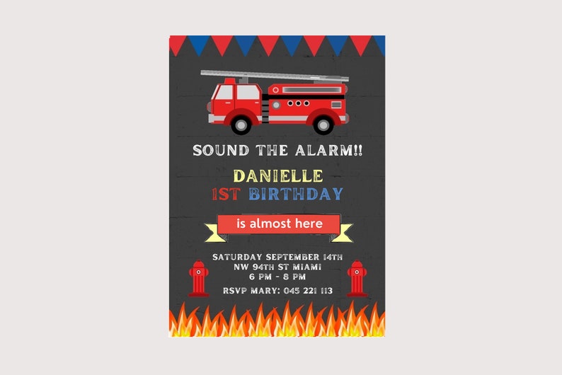 Fireman Invitations Printable Fire Truck Birthday Party image 2