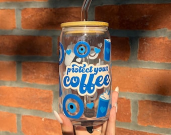 Schützen Sie Ihren Kaffee, Evil Eye 16 Unzen Glasbecher, Mitarbeiter Geschenk, Muttertagsgeschenk, Lehrer Geschenk, Geburtstagsgeschenk, Valentinstagsgeschenk