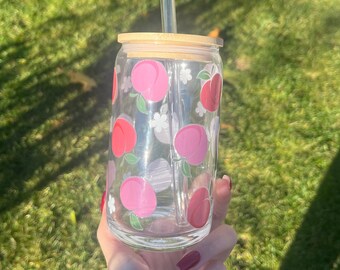 Pfirsichblume wiederverwendbarer 16oz Glasbecher, Mitarbeitergeschenk, Muttertagsgeschenk, Lehrergeschenk, Geburtstag, Brautjungferngeschenk, Weihnachtsgeschenk