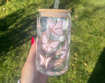 Schmetterling wiederverwendbarer 16oz Glasbecher, Mitarbeitergeschenk, Muttertagsgeschenk, Lehrergeschenk, Geburtstag, Weihnachtsgeschenk