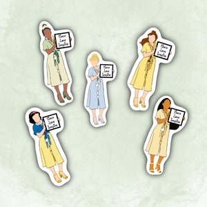 May include: Five illustrated stickers of Disney princesses holding signs that say "Teach Love Inspire". The princesses are Snow White, Pocahontas, Belle, Tiana, and Cinderella. The stickers are on a light green background.