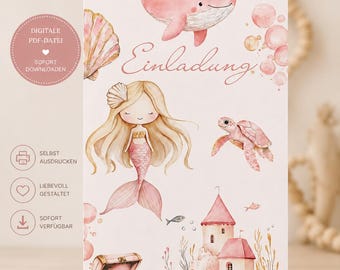 May include: A rectangular invitation card featuring watercolour illustrations of a pink whale, a mermaid with long blonde hair, a sea turtle, a treasure chest, and a castle. The text Einladung is printed in a script font on a light pink background.