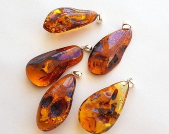 Amber pendants, genuine amber pendants, Baltic amber pendant, amber with silver, amber wholesale, amber gift, cognac  amber, natural amber
