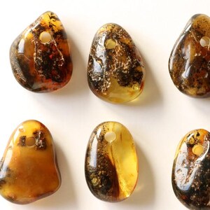 May include: A collection of eight amber gemstone pendants with a hole drilled through the top for stringing. The pendants are various shades of amber, from light honey to dark brown, and some have inclusions of black or white.