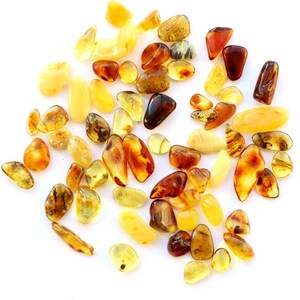 May include: A collection of amber stones in various shades of yellow, orange, and brown. The stones are smooth and polished, and they are arranged in a random pattern on a white background.