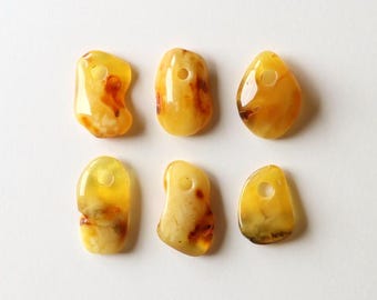 6 yellow orange Baltic amber pendants, amber with hole, amber wholesale, white unique amber stones, drilled Baltic amber pendants