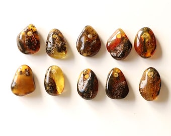 10 Transparent Baltic amber pendants, amber with hole, amber wholesale, unique amber stones, drilled amber pendants,transparent Baltic amber